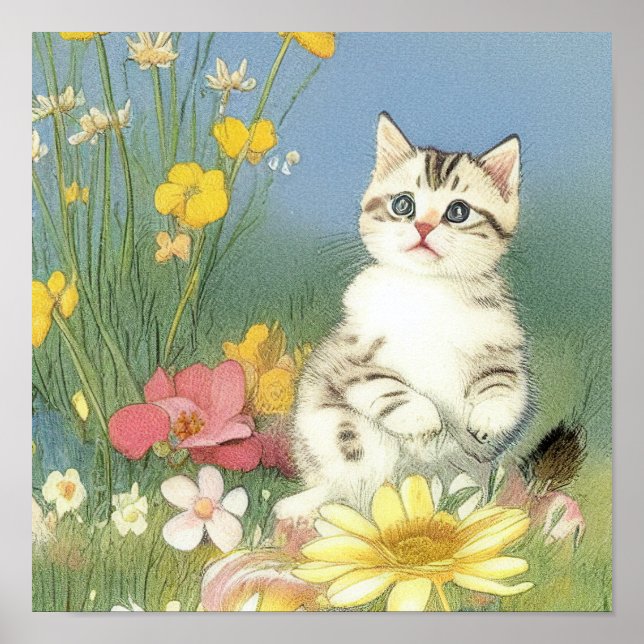 Poster Ilustração Vintage Kitten com Flores Amarelas (Frente)