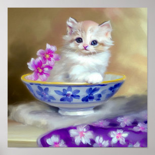 Poster Ilustração Vintage White Kitten