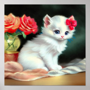 Poster Ilustração Vintage White Kitten com Flores Vermelh