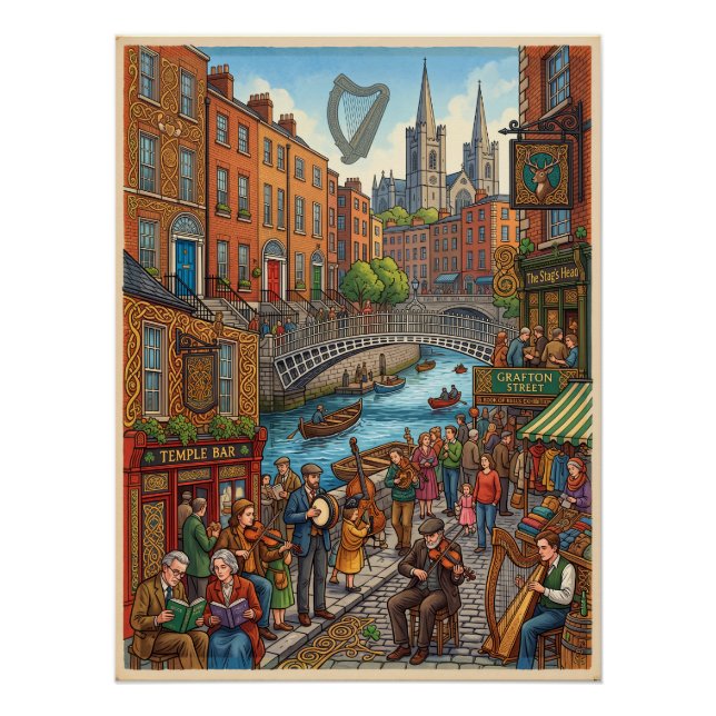 Pôster Ilustrado Vida de Rua de Dublin e Patrimônio Celta (Frente)