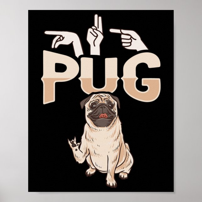 Poster ILY Pug ASL Gesto manual surdo perda auditiva Awar (Frente)