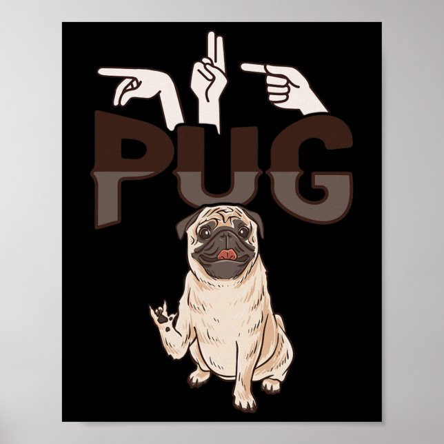 Poster ILY Pug ASL Gesto manual surdo perda auditiva Awar (Frente)