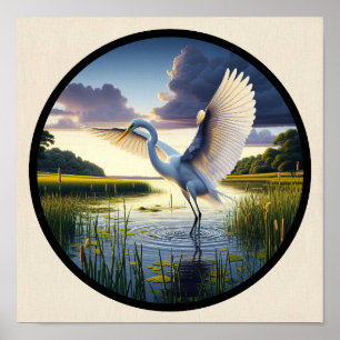 Poster Imagem 3D circular de um belo Excelente Egret