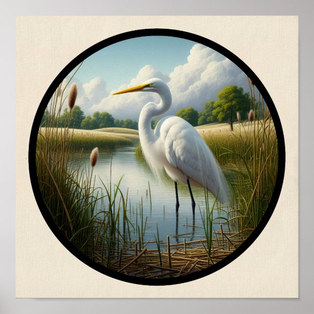 Poster Imagem 3D circular de um belo Excelente Egret (Frente)