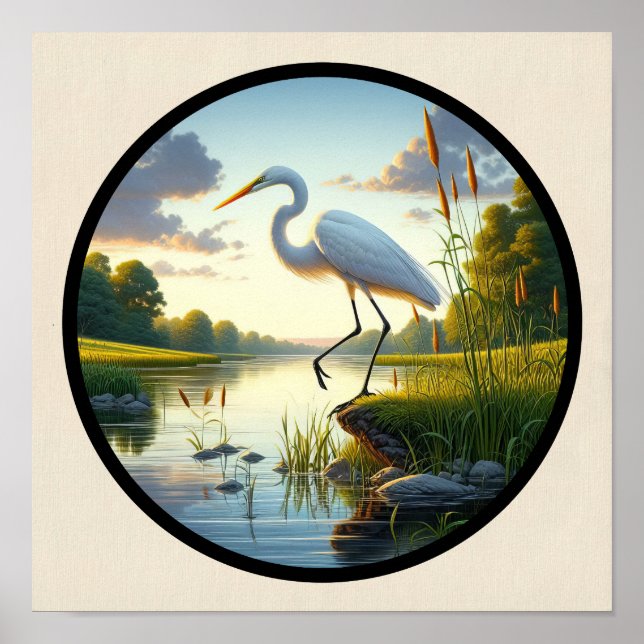 Poster Imagem 3D circular de um belo Excelente Egret (Frente)