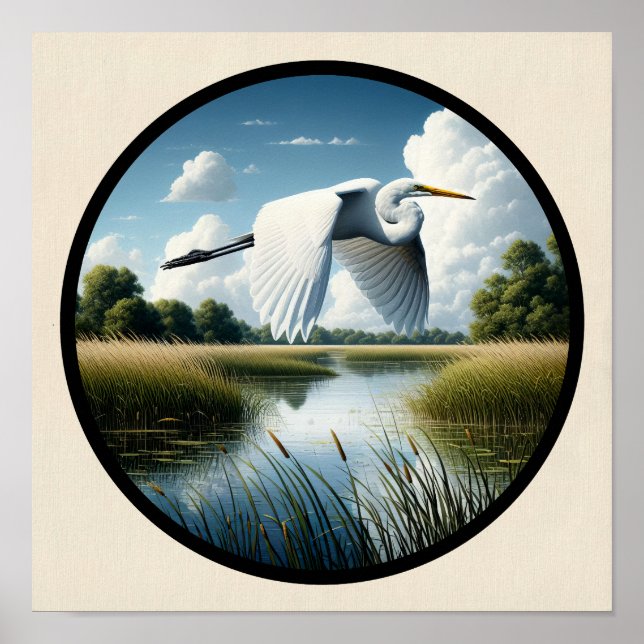 Poster Imagem 3D circular de um belo Excelente Egret (Frente)