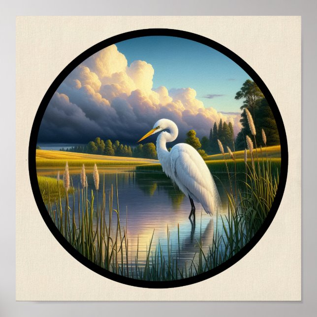 Poster Imagem 3D circular de um belo Excelente Egret (Frente)