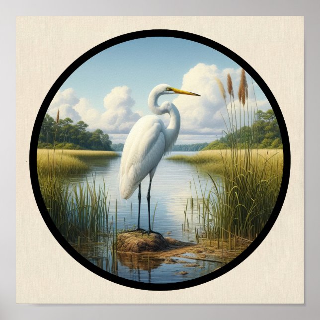 Poster Imagem 3D circular de um belo Excelente Egret (Frente)