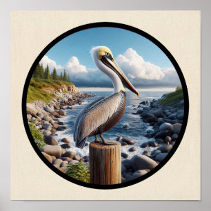 Poster Imagem 3D circular de um belo pelicano-marrom