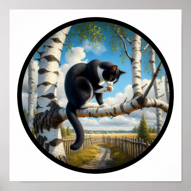 Poster Imagem 3D circular de um bonito gato Tuxedo (Frente)