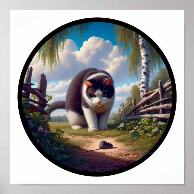 Poster Imagem 3D circular de um bonito gato Tuxedo (Frente)
