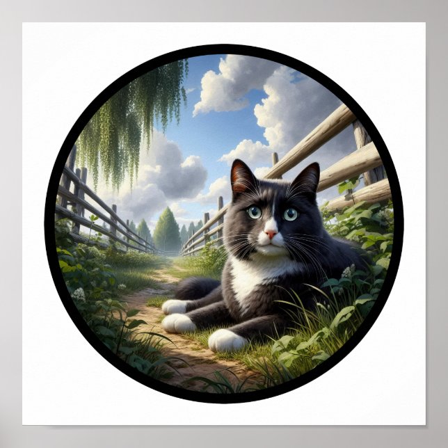 Poster Imagem 3D circular de um bonito gato Tuxedo (Frente)