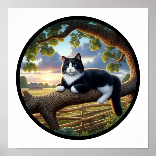 Poster Imagem 3D circular de um bonito gato Tuxedo (Frente)