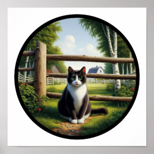 Poster Imagem 3D circular de um bonito gato Tuxedo