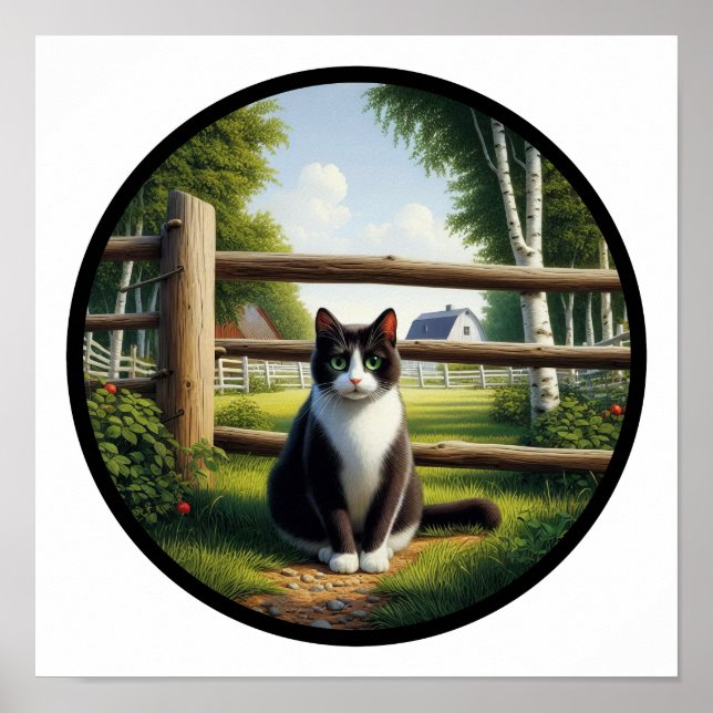Poster Imagem 3D circular de um bonito gato Tuxedo (Frente)