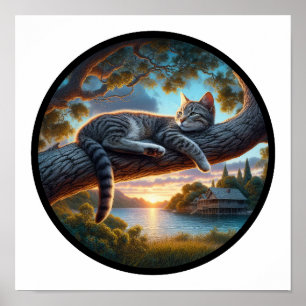 Poster Imagem 3D circular de um gato de mesa bonito