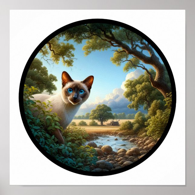 Poster Imagem 3D circular de um gato siamês bonito (Frente)