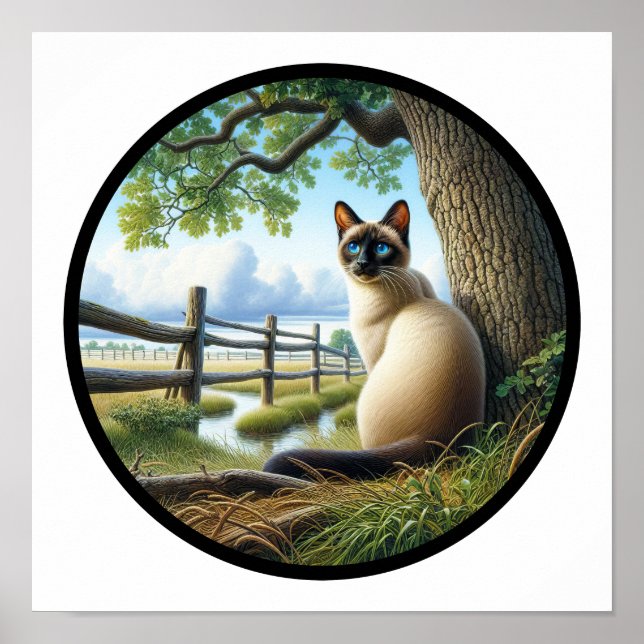 Poster Imagem 3D circular de um gato siamês bonito (Frente)