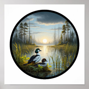 Poster Imagem 3D circular de um Pato Comum de Goldeneye