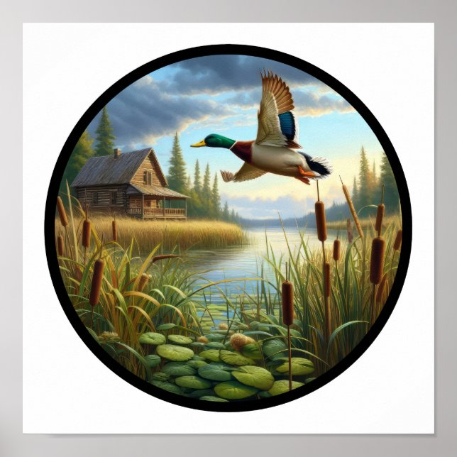 Poster Imagem 3D circular de um pato-de-mão voando (Frente)