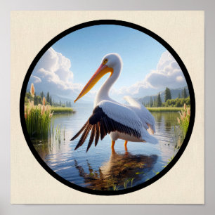 Poster Imagem 3D circular de um Pelicano branco americano