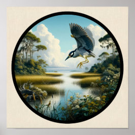 Poster Imagem circular 3D de um Héron Noturno Amarelo cor