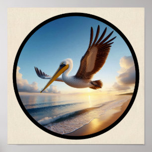 Poster Imagem circular 3D de um lindo Pelicano castanho