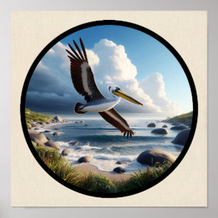 Poster Imagem circular 3D de um lindo Pelicano castanho