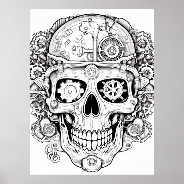 Poster Imagem de Crânio Açucarado Preto + Branco na Pared (Frente)