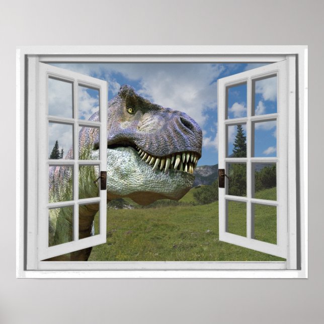 Pôster Imagem do Dinossauro T-Rex Vista Janela Falsa (Frente)