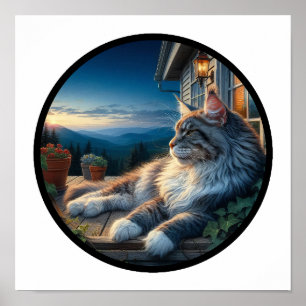 Poster Imagem em 3D Circular de um Bonito Gato de Moon Ma