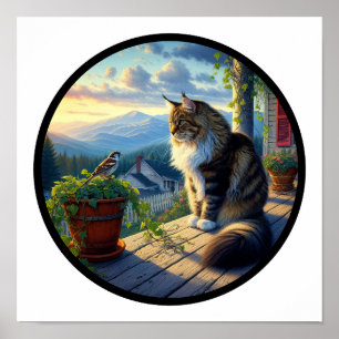 Poster Imagem em 3D Circular de um Bonito Gato de Moon Ma
