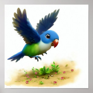 Poster Imagem em 3D de um papagaio preso com coroa azul