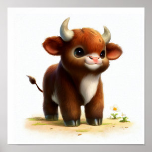 Poster Imagem em 3D de um Touro Jovem Cute