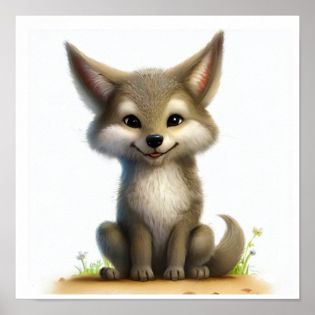 Poster Imagem em aquarela 3D de um Jovem Coyote (Frente)