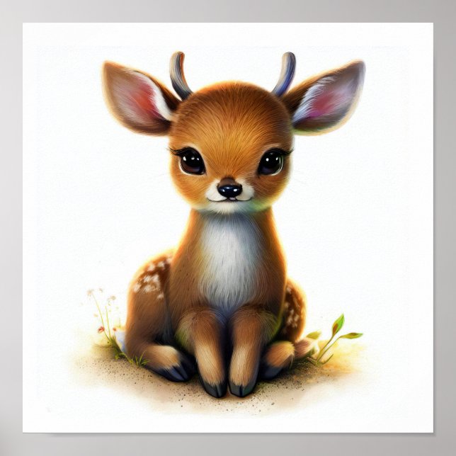 Poster Imagem em aquarela 3D de um Jovem Deer (Frente)