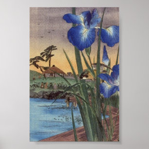 Poster Imiris azuis ukiyo-e e cena de pássaros