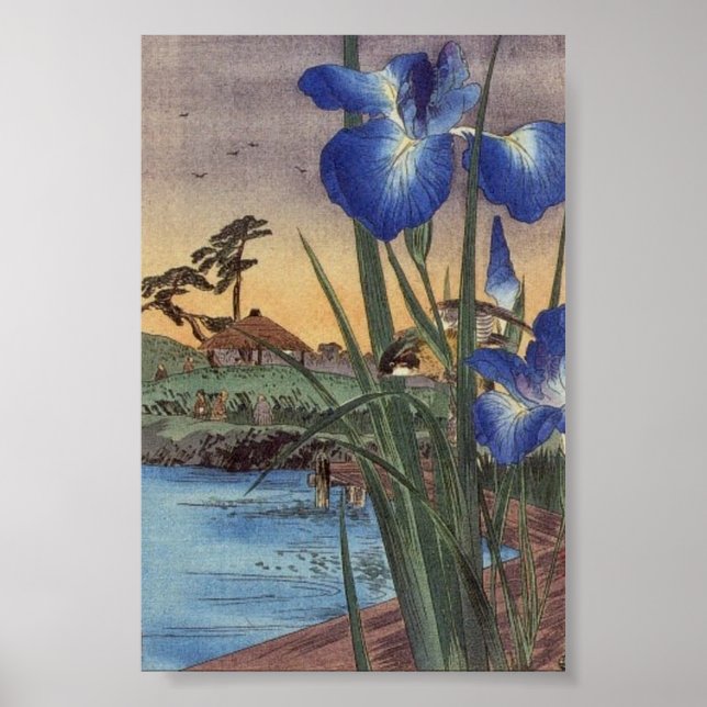 Poster Imiris azuis ukiyo-e e cena de pássaros (Frente)