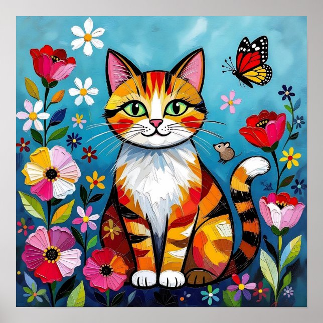 Poster Impasto Cat, Flowers & Butterfly (Frente)