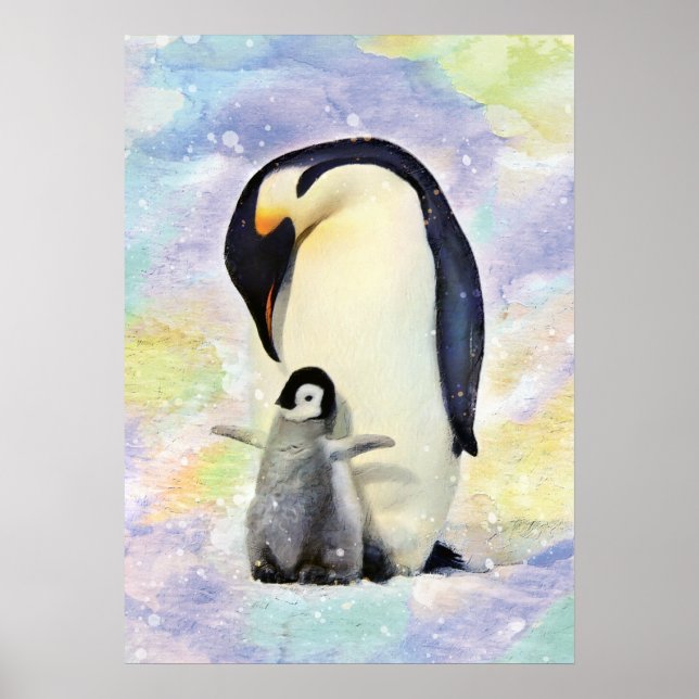 Poster Imperador Pinguim com Pintinho Bebê Arte Aquarela (Frente)