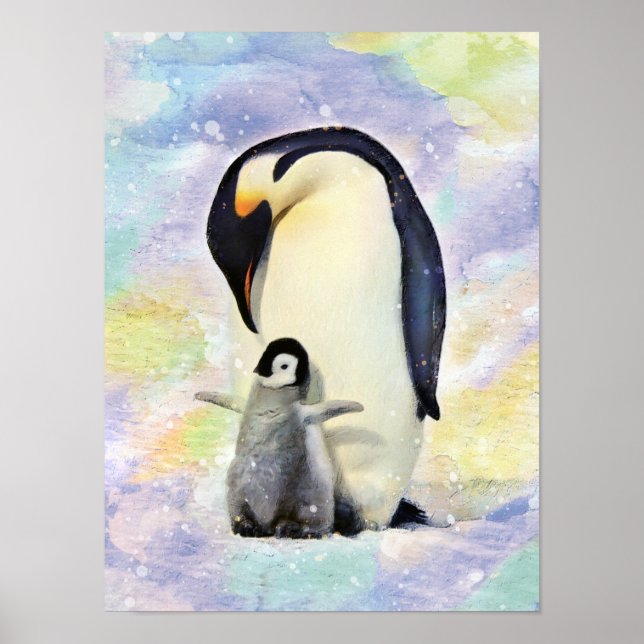 Poster Imperador Pinguim com Pintinho de Bebê (Frente)