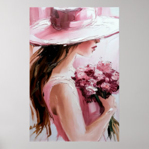 Poster Impr,Romântica Mulher com Flores – Tons Rosa Suave