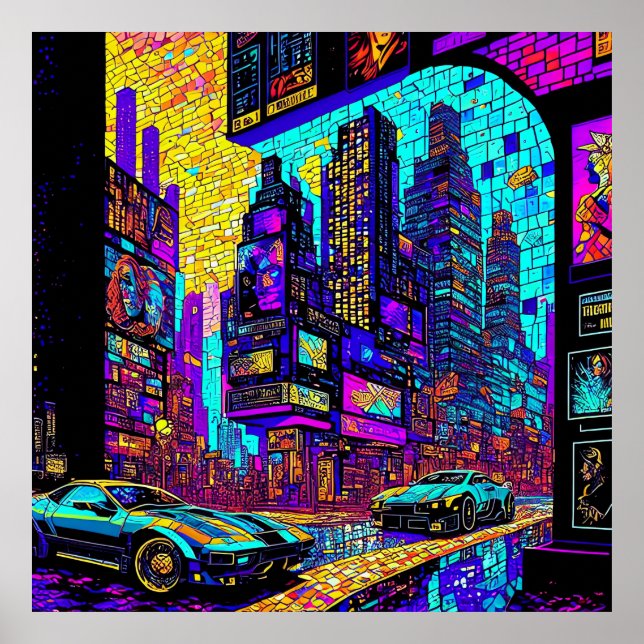 Poster Impressionante Mosaico, Vidro Escondido Neon Cyber (Frente)