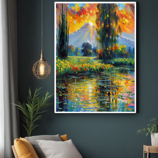 Pôster Impressionismo da paisagem vibrante com reflexo so