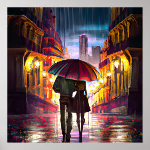 Poster Impressionismo França casal caminhando na chuva