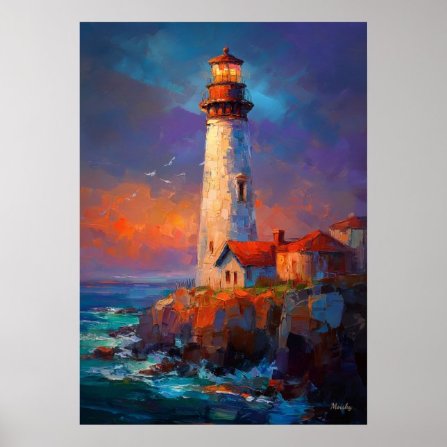 Poster Impressionist Coastal Lighthouse Seascape Painting (Frente)