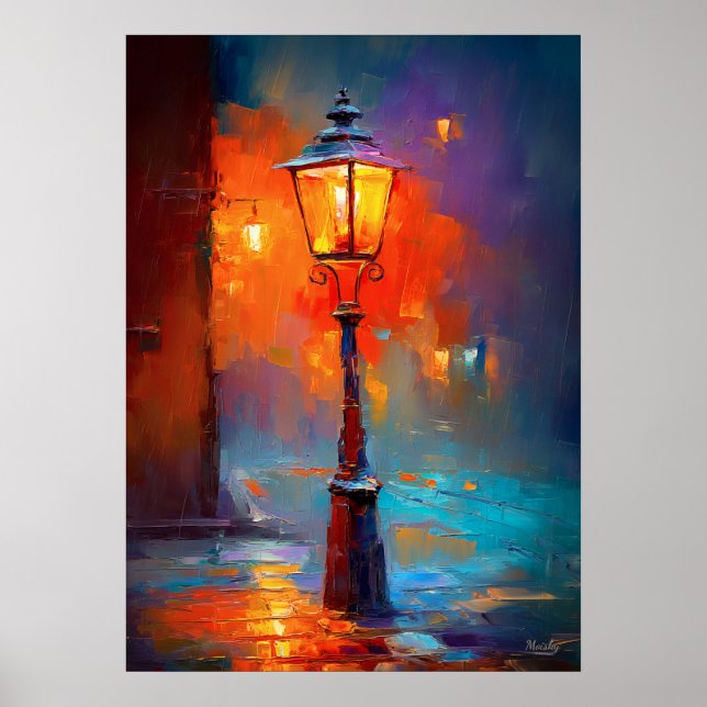 Poster Impressionist Street Lamp Night City Painting (Frente)