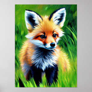 Poster Impressionista Bebê Raposa na Floresta