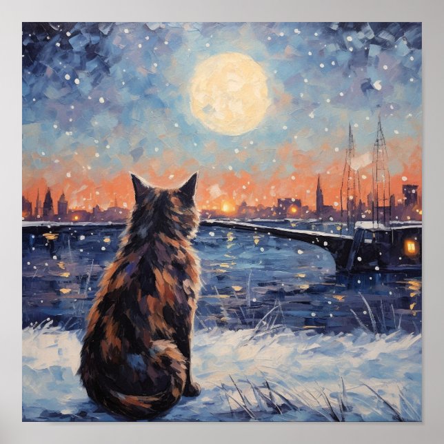 Poster Impressionista Cat Sobreputação Água no Inverno (Frente)
