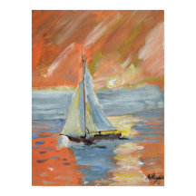 Impressionista do veleiro do pôr do sol dourado